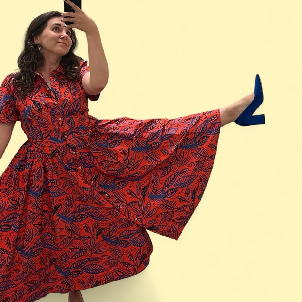 Alexis Vibrant Red and Blue Leaf Midi Dress